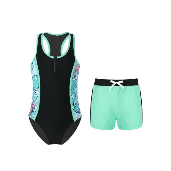 TiaoBug 2Pcs Kids Girls Swimming Suit One-piece Round Neck Sleeveless Jumpsuit and Shorts Set Tropical Palm 14