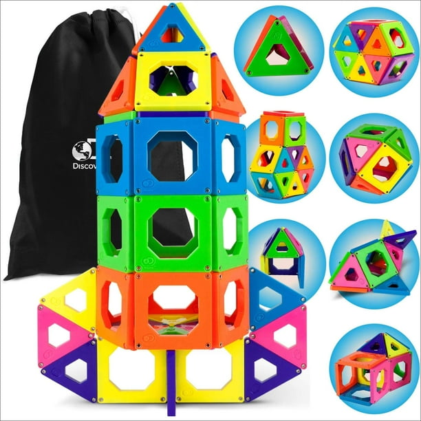 Discovery Kids 50 Piece Magnetic Building Tiles Set, Magnet Blocks 50pcs Construction Kit in 6