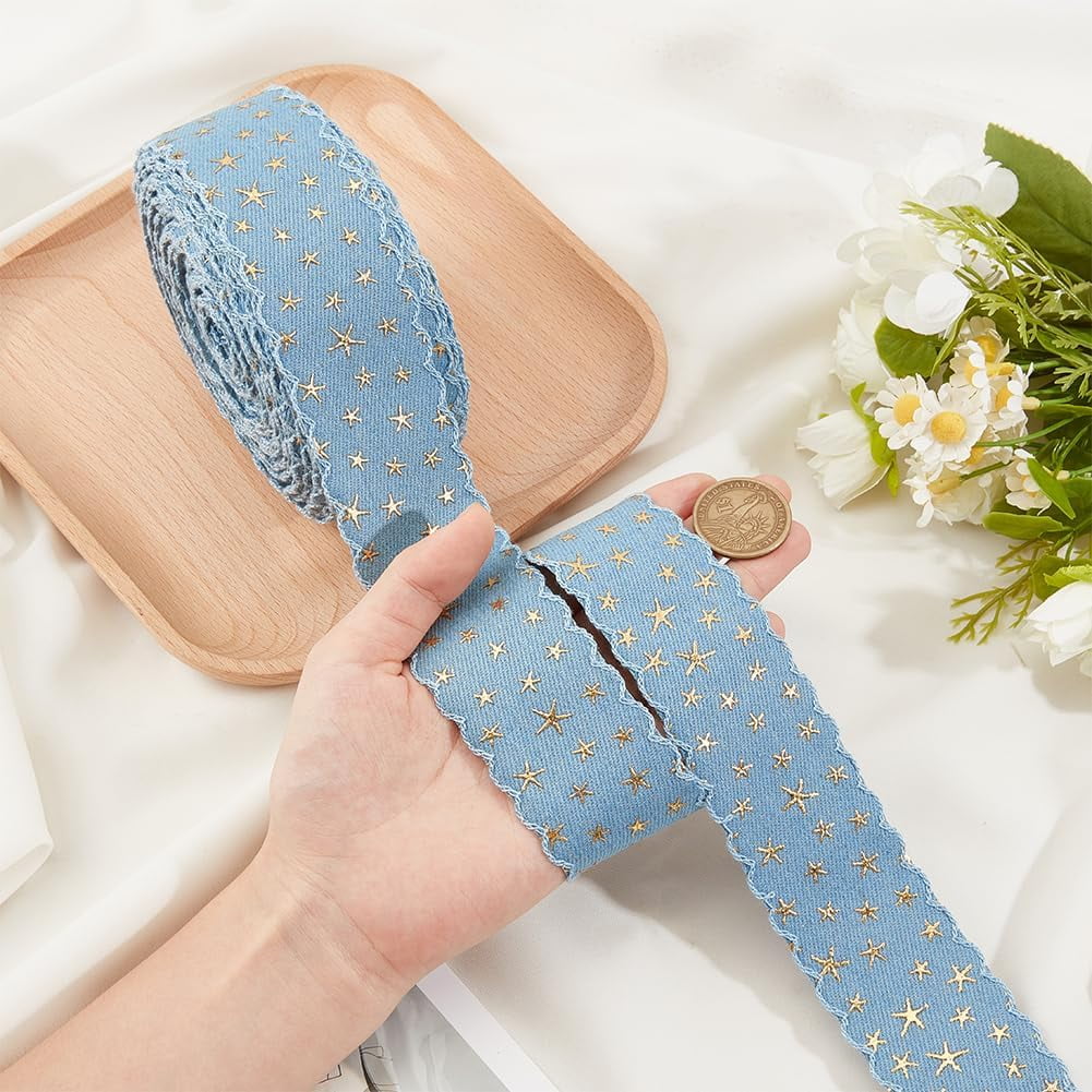 14 Yards Light Blue Denim Trim Fabric Blue Jean Wired Edge Ribbon Gold Foil Star Denim Ribbon