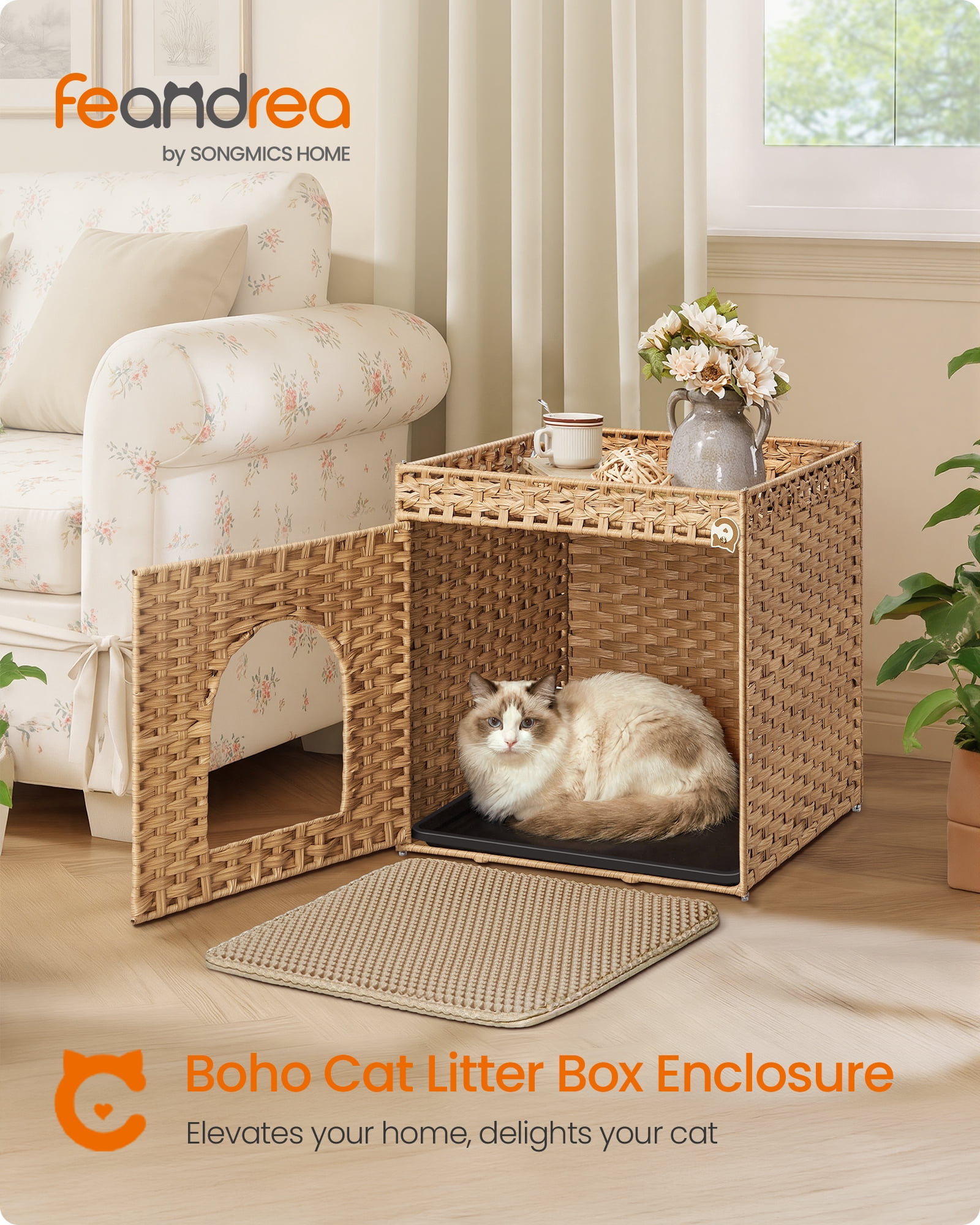 Feandrea Cat Litter Box Enclosure, Handwoven Rattan Hidden Litter Box Furniture with Extra Mat, Removable Washable Tray, Boho Cat House,Goose Yellow