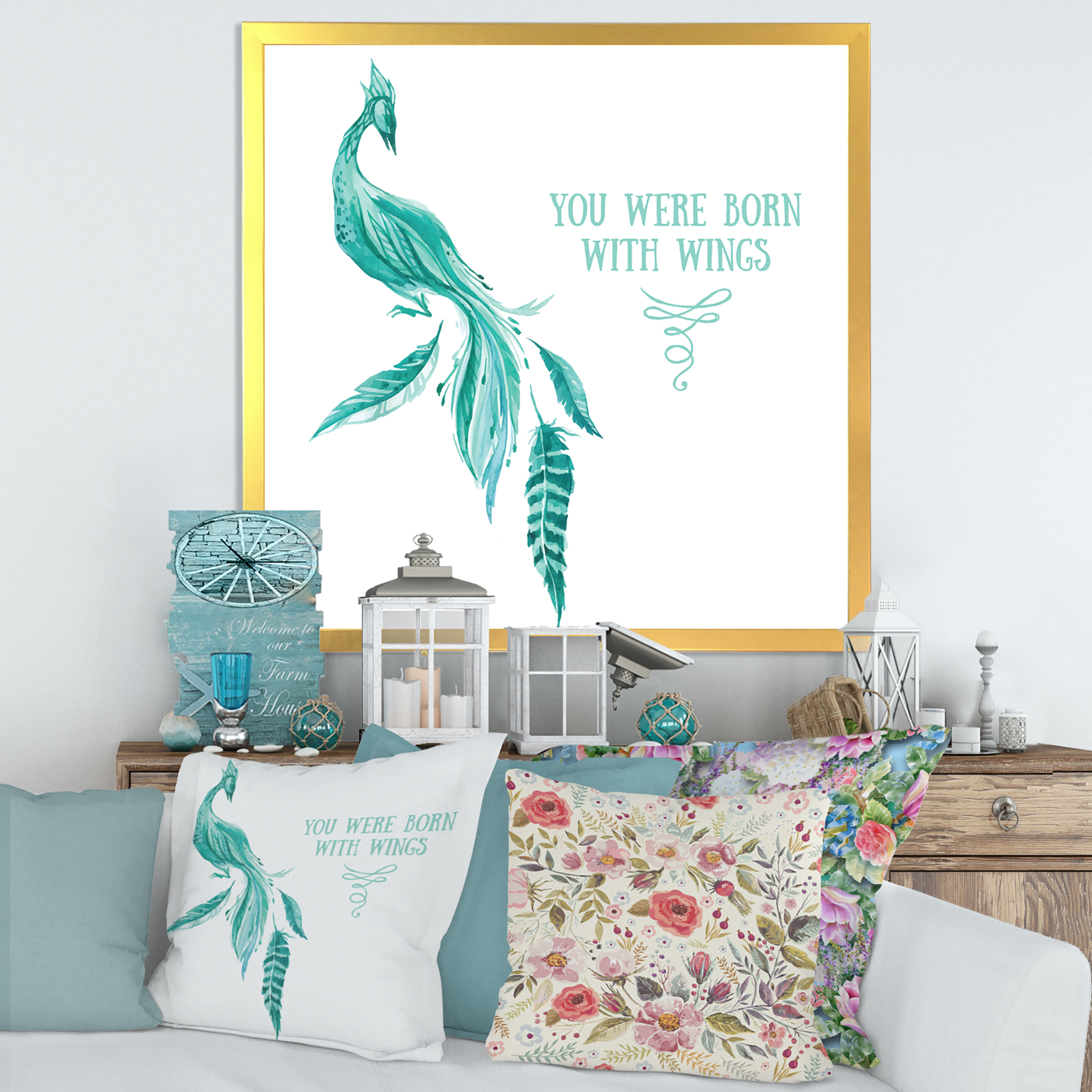 Designart 'Turquoise Bird You Were Born With Wings' Traditional Framed Art Print