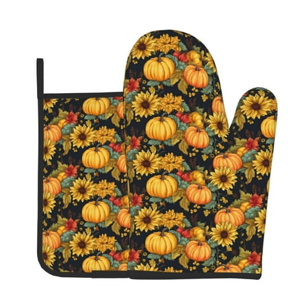 

Jgfou Pumpkins And Sunflowers3 Pattern Oven Mitts and Pot Holders Sets Heat Resistant Oven Mittens Soft Lining Extra Thicken Long Kitchen Cotton Oven Glove for Cooking