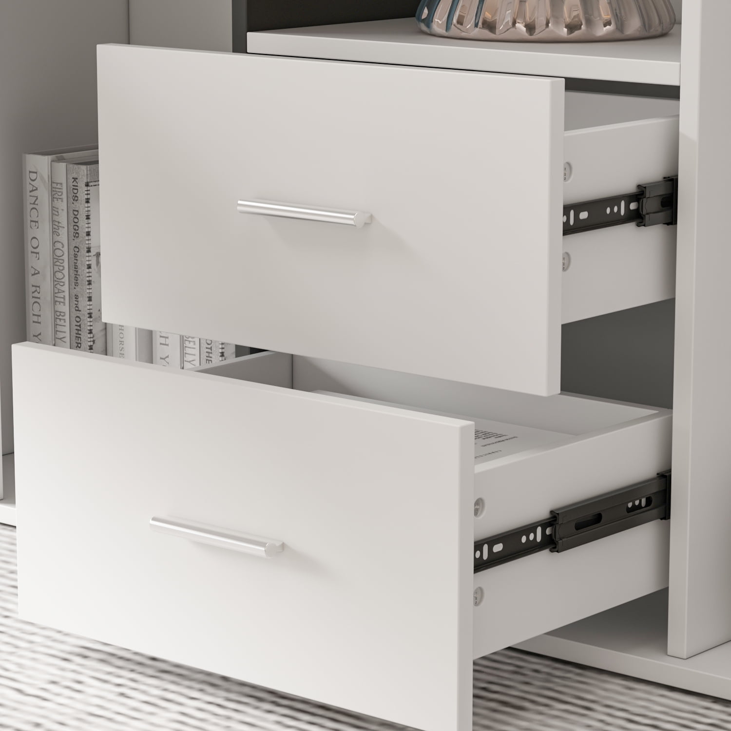 KULAGAGA Reversible L-Shaped White Writing Workstation Table, Computer Desk with Cabinet, Drawer and Shelf for Home Office Study, 55 inch