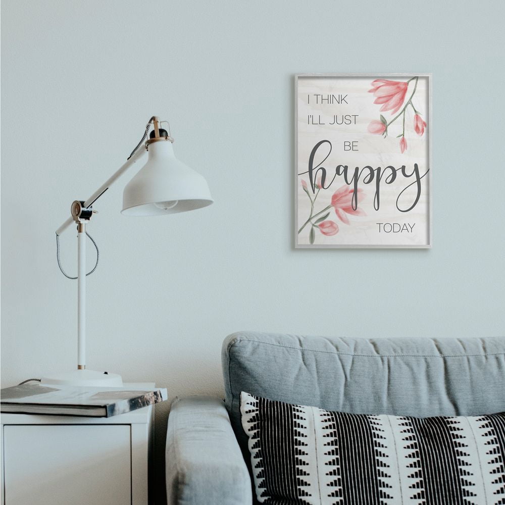 Stupell Industries Floral Just Be Happy Inspirational Quote Spring Feminine Framed Wall Art Design by Daphne Polselli, 16" x 20", Gray Framed