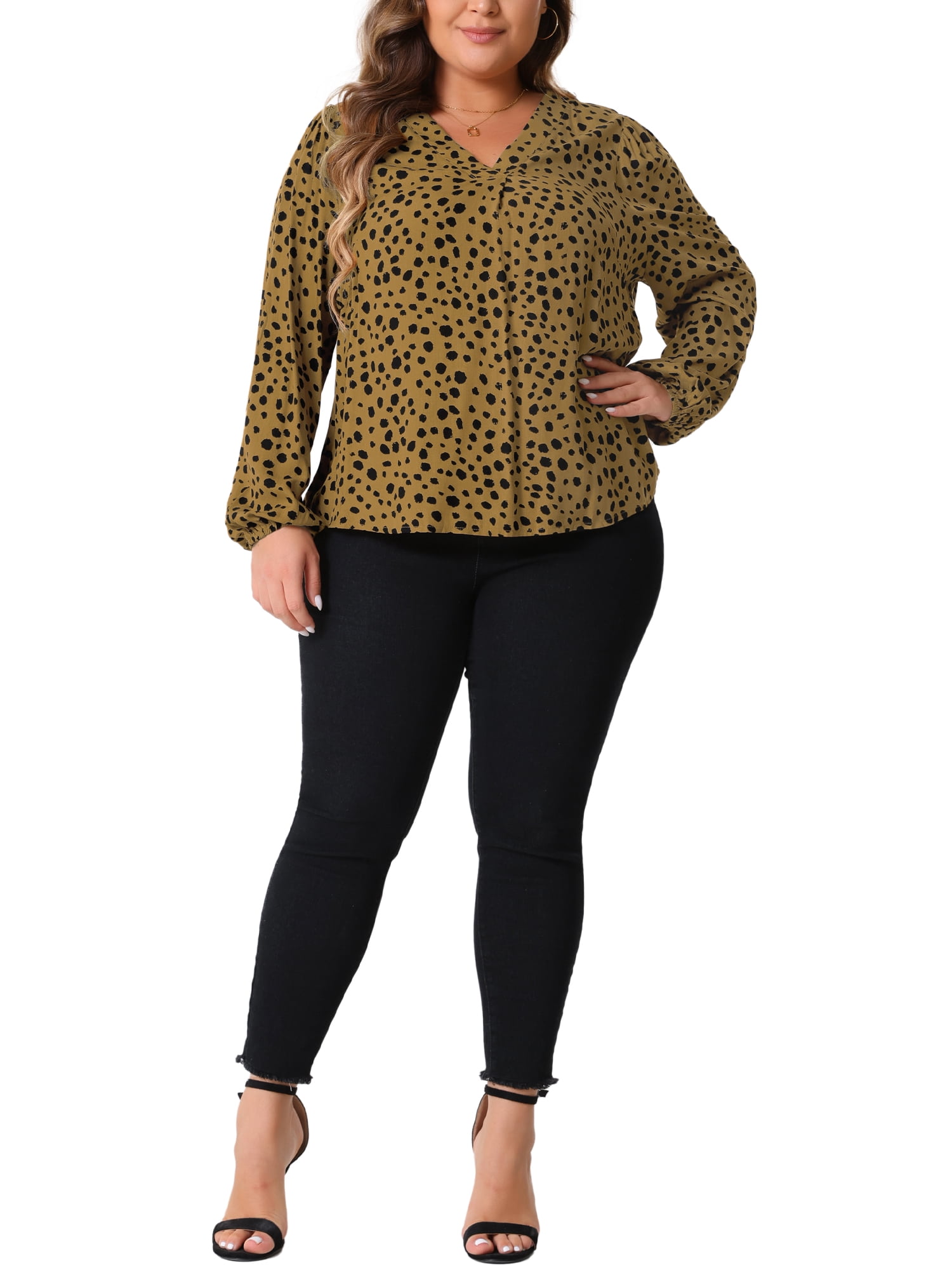 DARING DIVA Women's Plus Polka Dot V Neck Long Sleeve Blouse 2X Brown