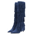 thumbnail image 2 of YDN Women Layer Tassel Pointed Toe Moccasin Boots Knee High Stiletto Mid Heels Western Themed Party Dress Shoes Size 9.5 Navy, 2 of 4