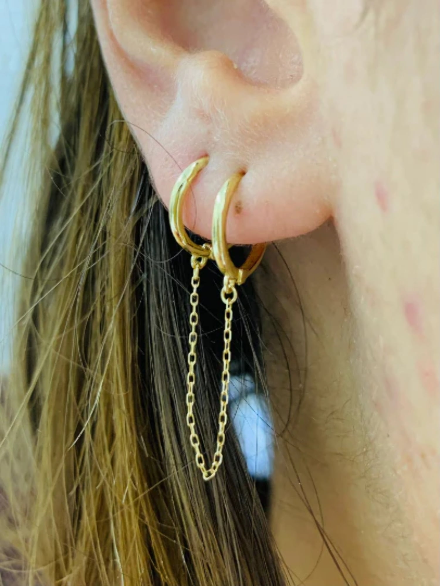 Double Piercing Earrings, Multiple Piercing Connected Earrings with Chain Gold