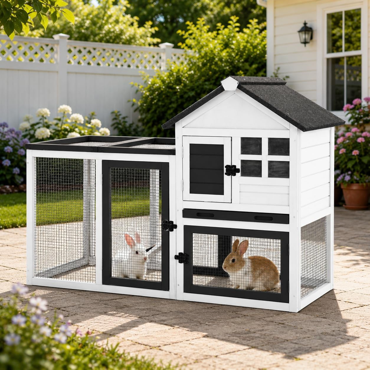 Rabbit Hutch Outdoor Rabbit Cage Indoor 51.6" L Waterproof Bunny Cage with Chew-Proof Ramp and Lockable Doors for Indoor Outdoor Use Black and White