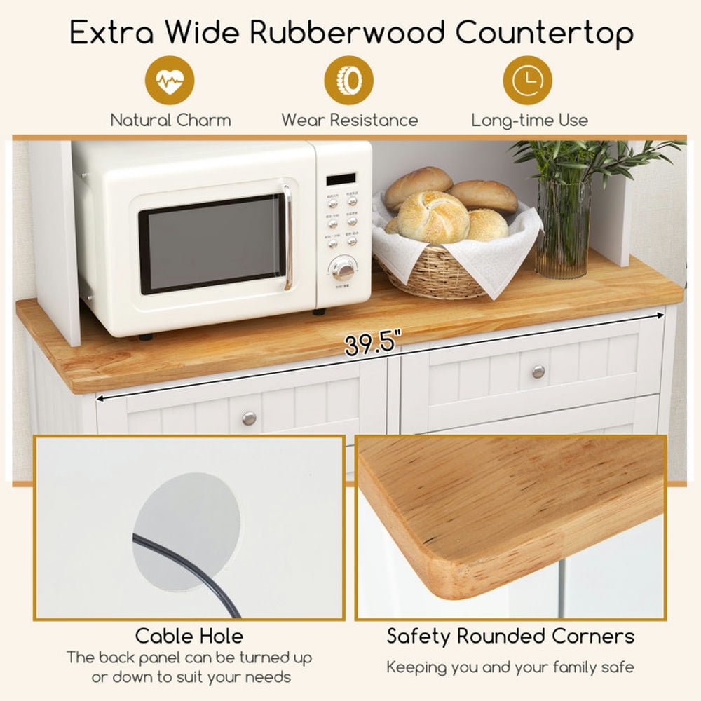 Finihen Storage Cabinet, Buffet Sideboard, Double Tilt Out Trash Cabinet with Hutch and Rubber Wood Countertop, for Dining Room, Kitchen, Bathroom, White