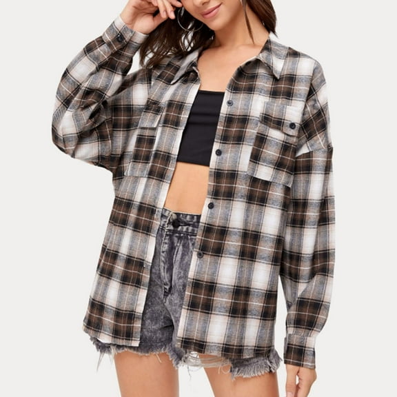 Big Saving Little Time,AXXD Casual Loose Plaid Long Sleeve Button Cardigan Sweaters for Woman Plus Size Clearance Brown Size 8