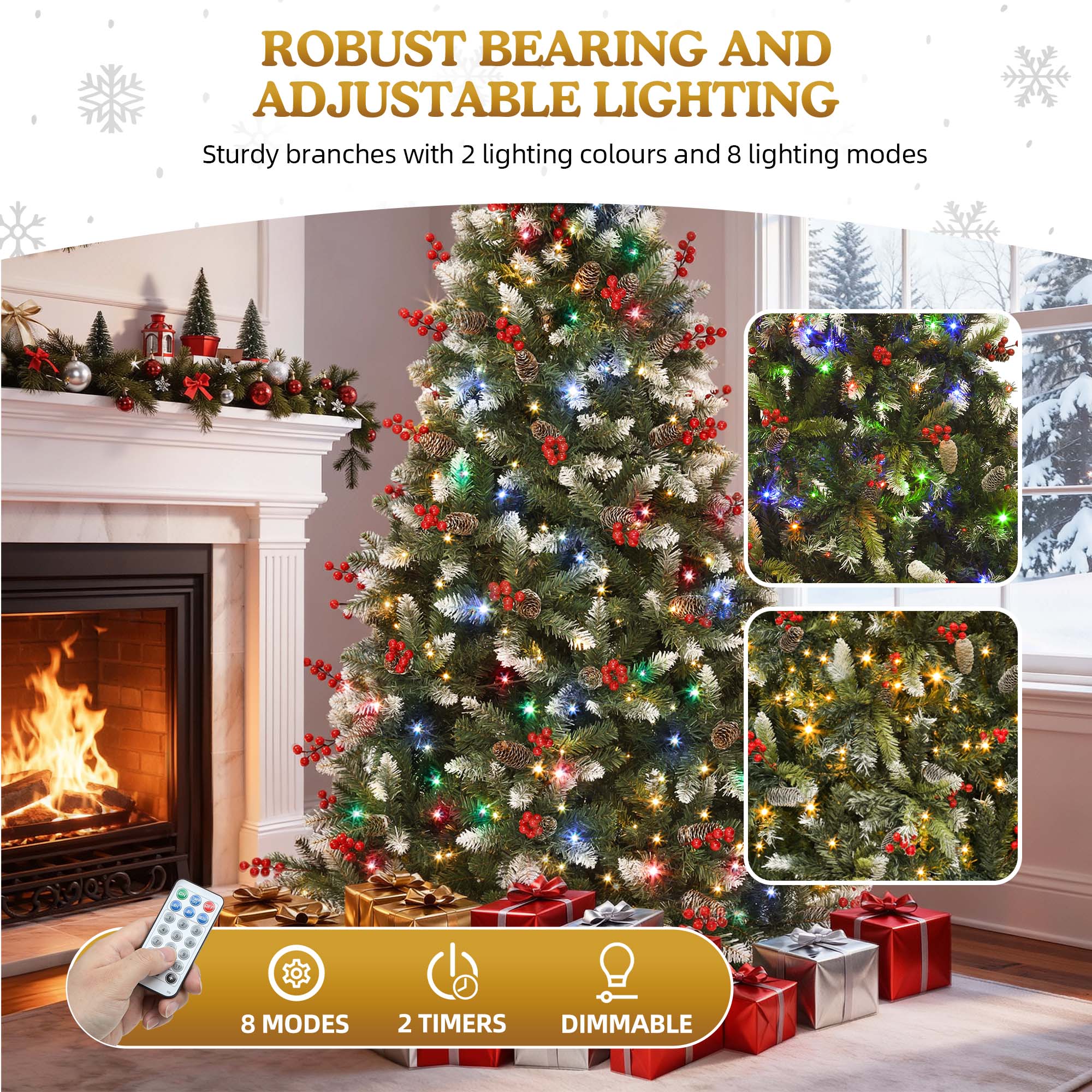 Uforic 7.5ft Pre-Lit Pine Artificial Christmas Tree with 1398 Branch Tips & 550 Lights,  82 Pine Cones & 82 Red Berries, Remote Control, Green