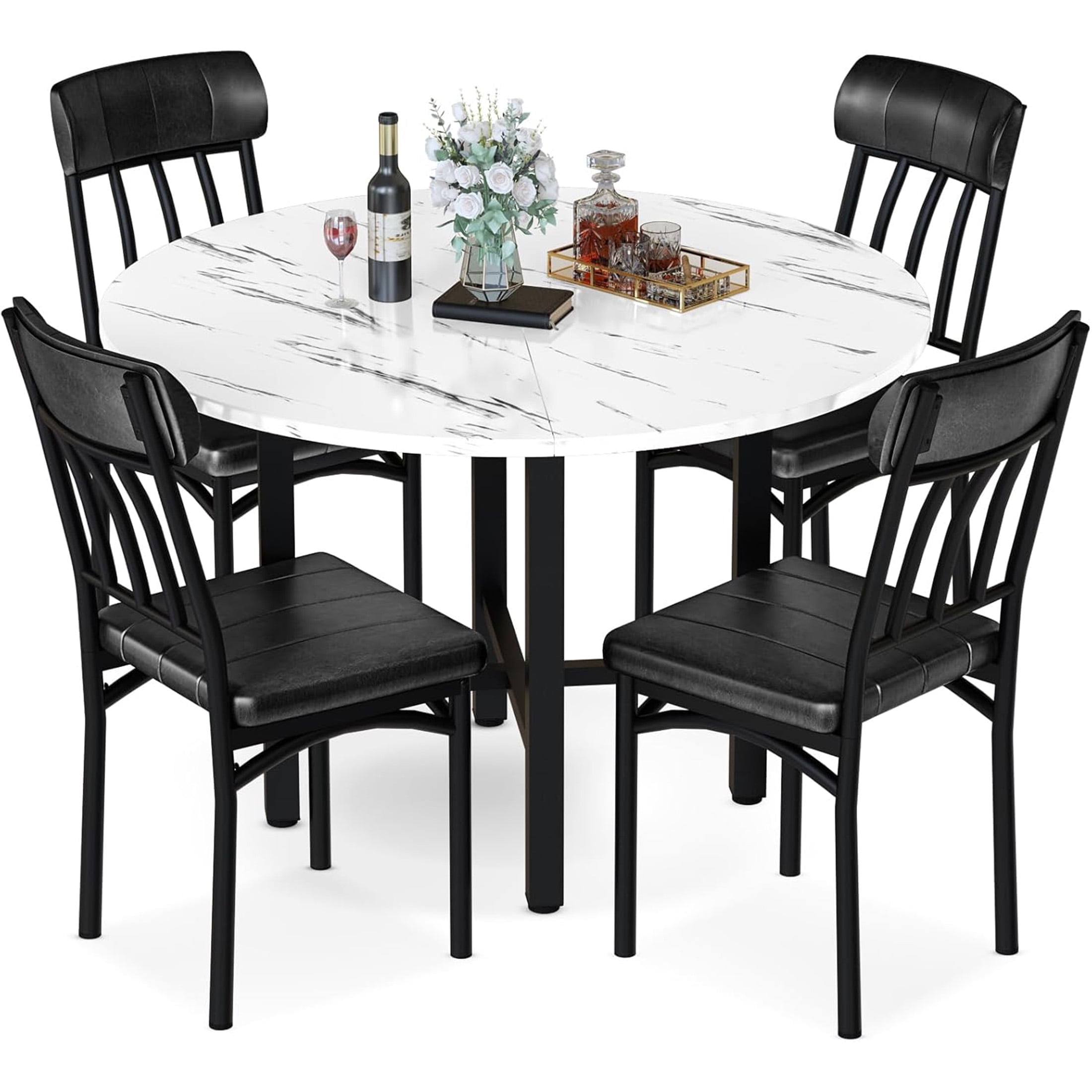 LinkRomat Round Dining Table Set for 4, Modern Dining Room Sets with 4 Faux Leather Chairs, Kitchen Dinner Faux Marble Table & Chair Set for Small Space, White