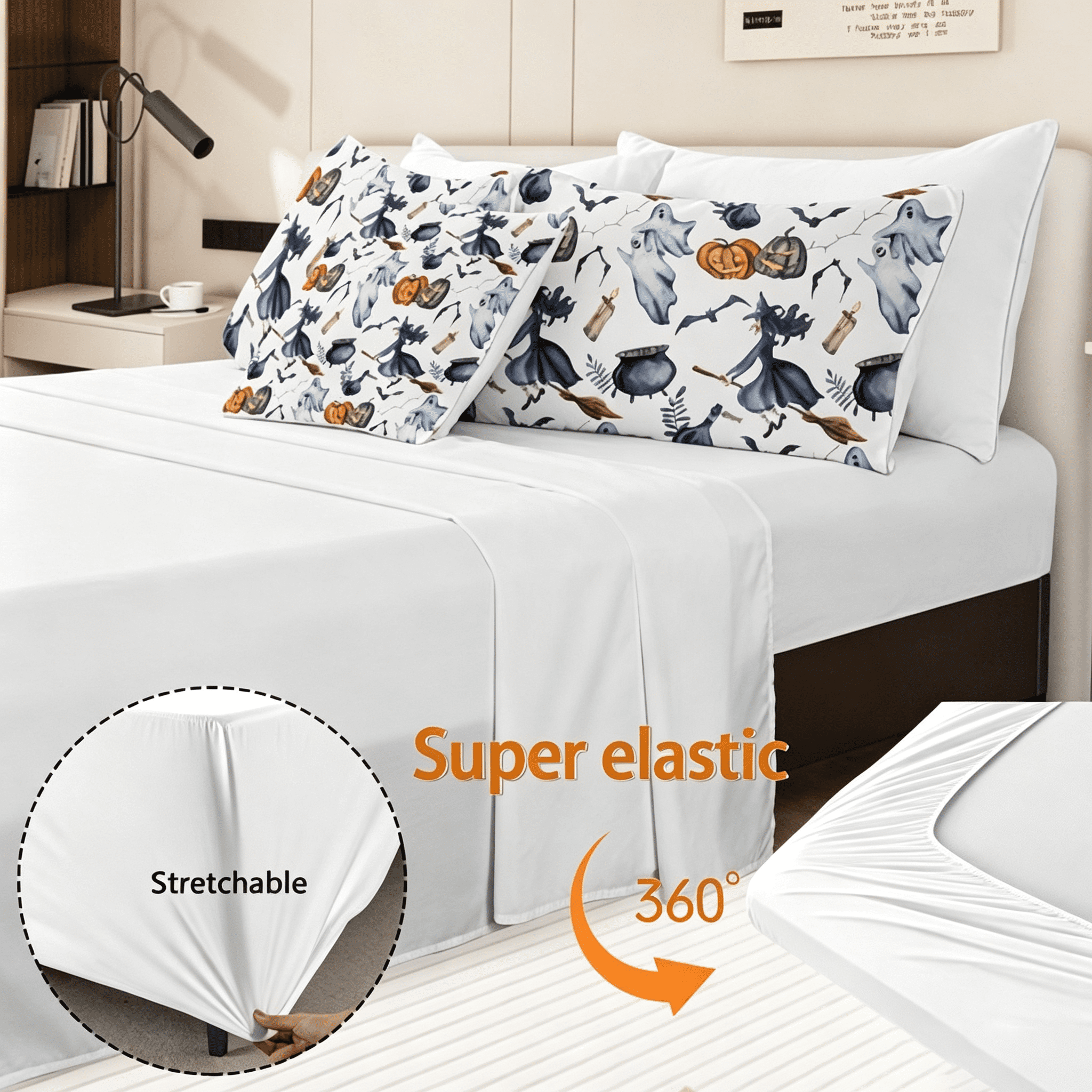 8-Piece Halloween Comforter Set Witch Pattern Bed-in-a-Bag with Sheet Shams Cushion Covers