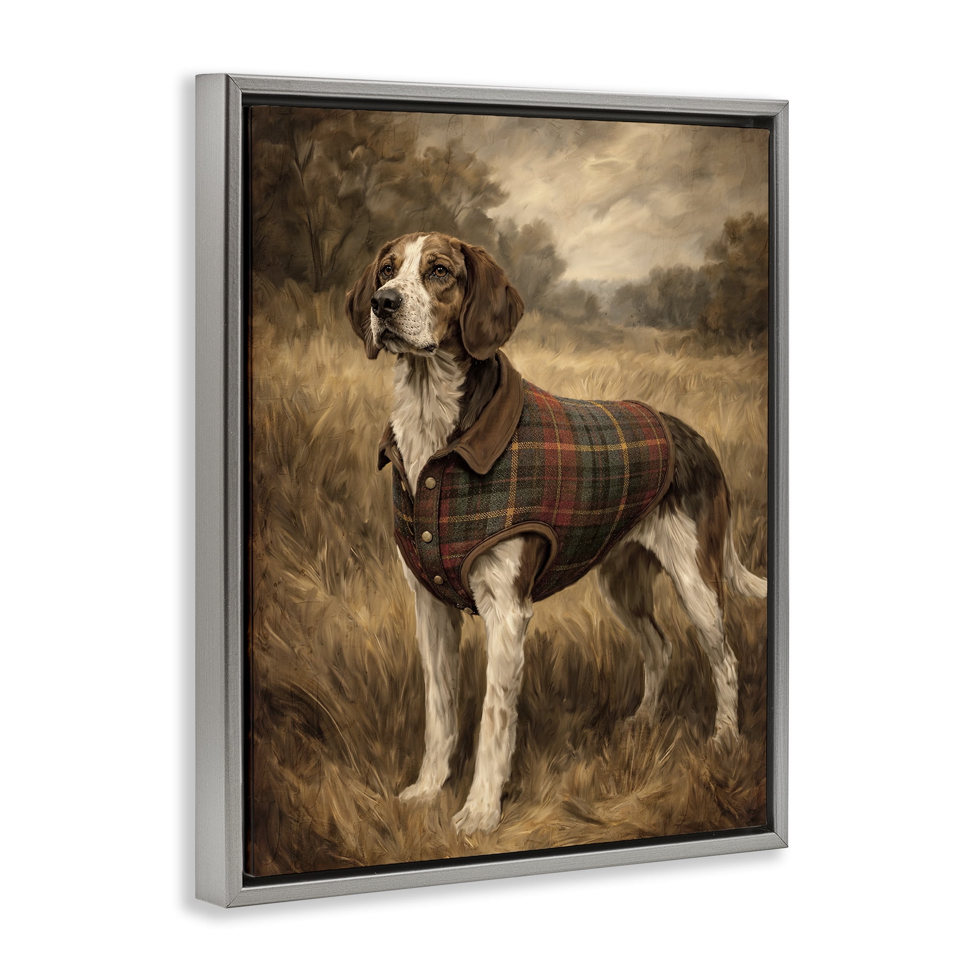 Stupell Industries Hunting Days Plaid Jacket Hound Gray Framed Floater Canvas Wall Art, design by Kim Allen