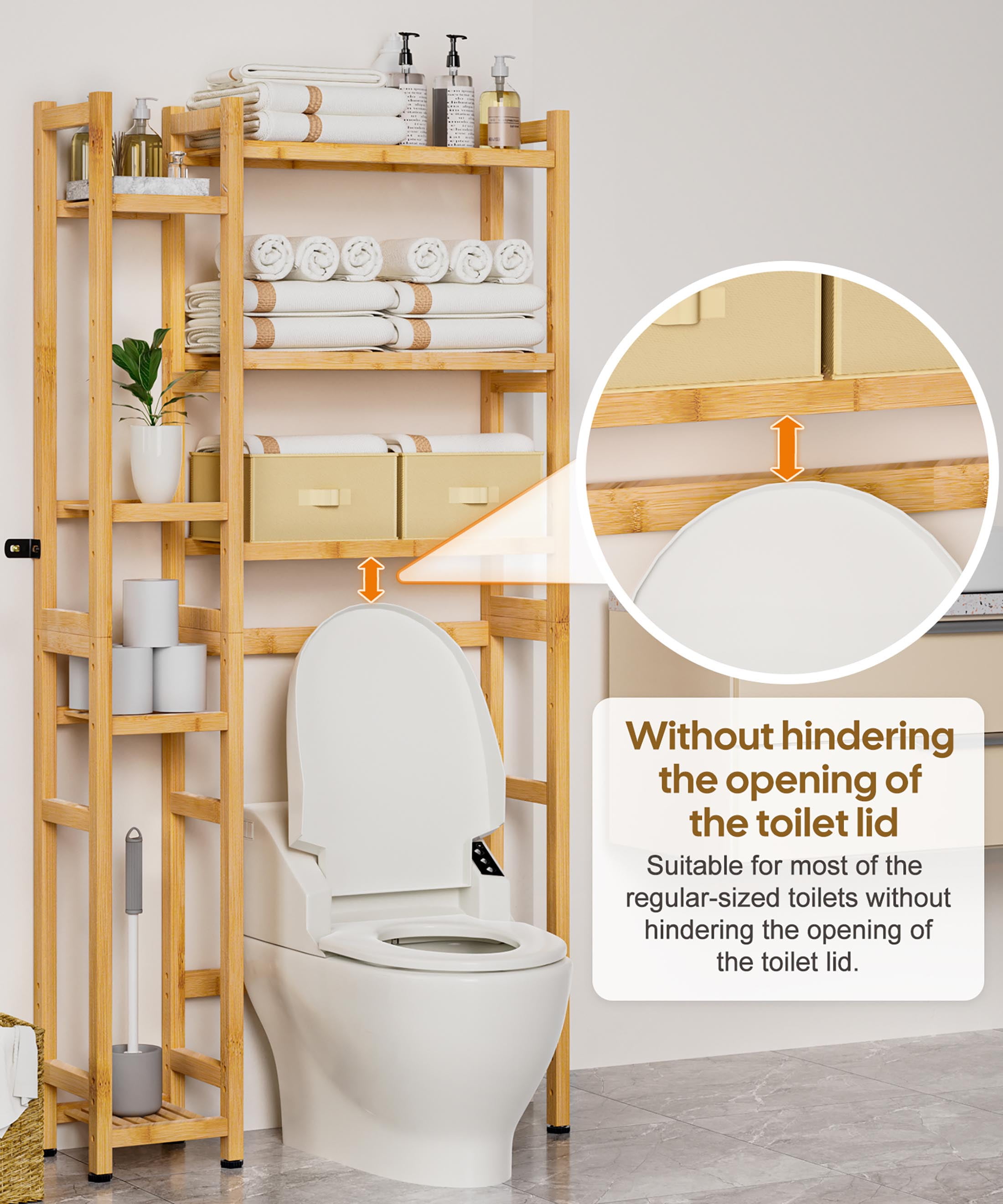 Enogets Over the Toilet Storage, Bamboo Bathroom Organizer with Adjustable Rack, Basket, Drawer & Waterproof feet