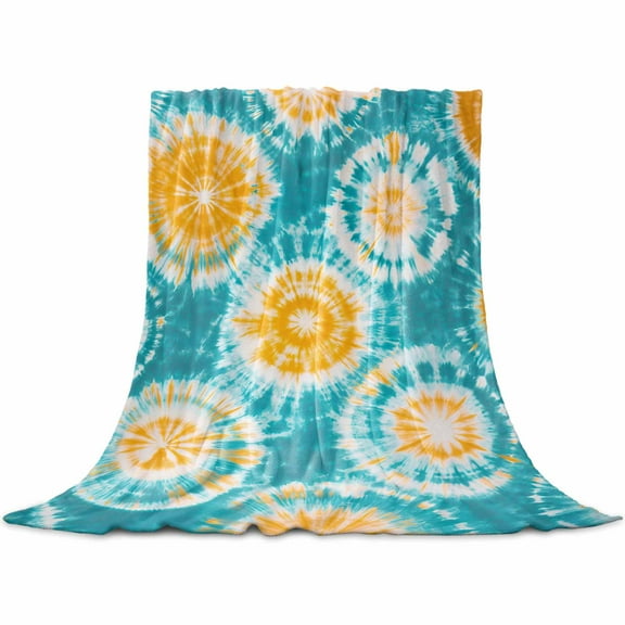 Teal Orange Tie-Dye Flannel Blanket for Bed, Ethnic Modern Abstract Watercolor Soft Cozy Warm Couch Throw Blanket, Lightweight Fluffy Plush Bedding Blankets for Sofa Decor All Season 31.5"x47"