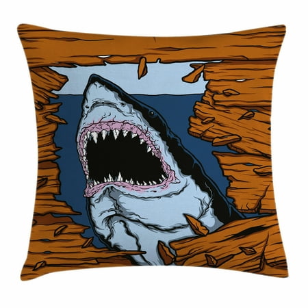 - Shark Throw Pillow Cushion Cover, Wild Fish Breaking Wooden Plank Danger Sign Killer Creature Fun Illustration, Decorative Square Accent Pillow Case, 18 X 18 Inches, Ginger Dark Blue, by Ambesonne