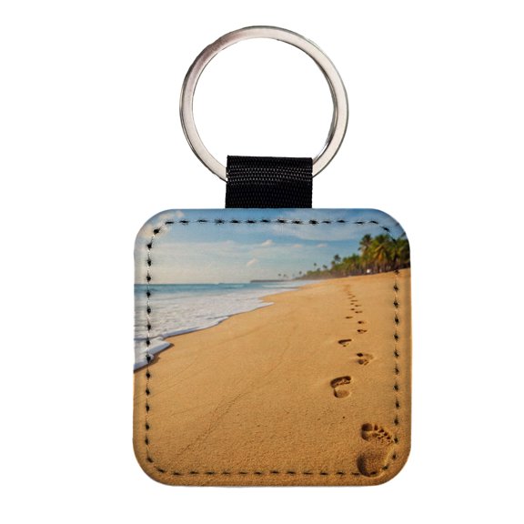 Footprints In The Sand Barefoot Beach Ocean Faux Leather Square Keychain