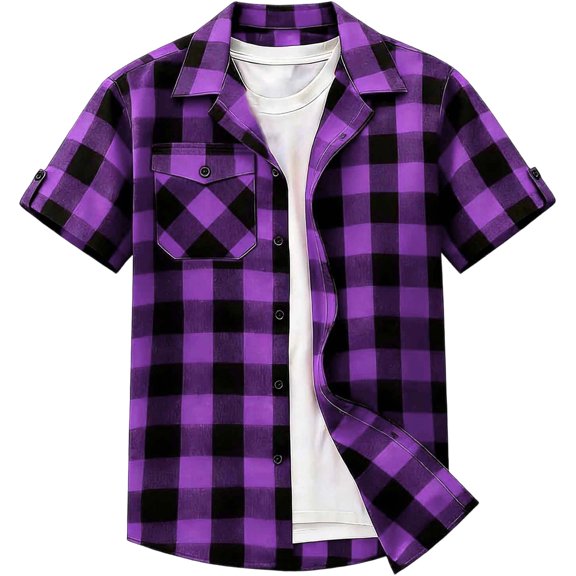 Men's Plaid Shirts Long Sleeve Button Down Shirt Jacket Summer Bussiness Casual Blouse Tops with Pocket Purple L