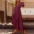 thumbnail image 6 of Women's Maxi Dress Long Sleeve V-Neck Loose Fit Button Down Cotton Linen Retro Swing Dress for Spring Fall Casual Daily Wear,Wine,3XL, 6 of 7