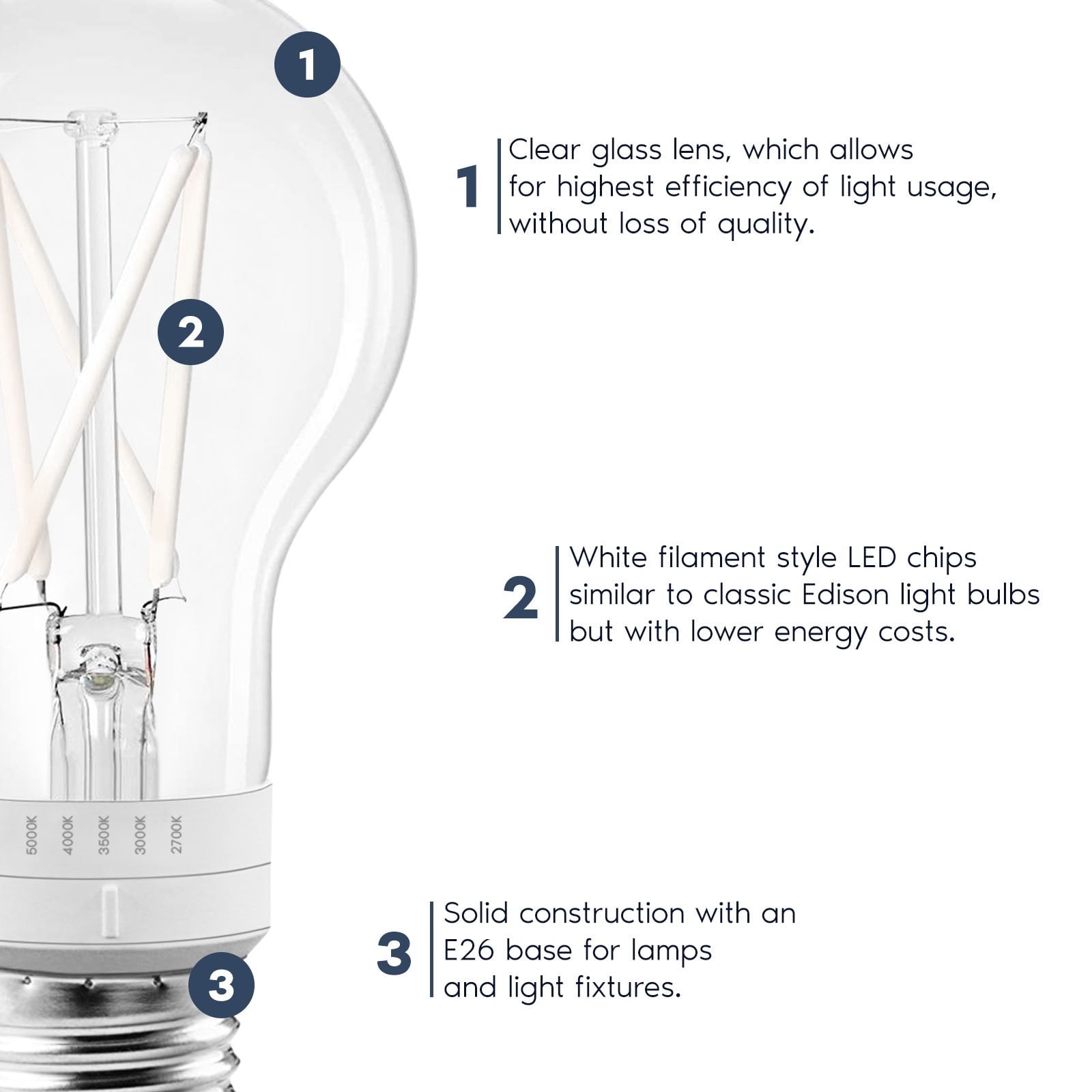 Luxrite Vintage A19 LED Light Bulb 7W=60W 5CCT Dimmable 800 Lumens Standard LED Edison Bulb UL Listed E26 Base 12-Pack