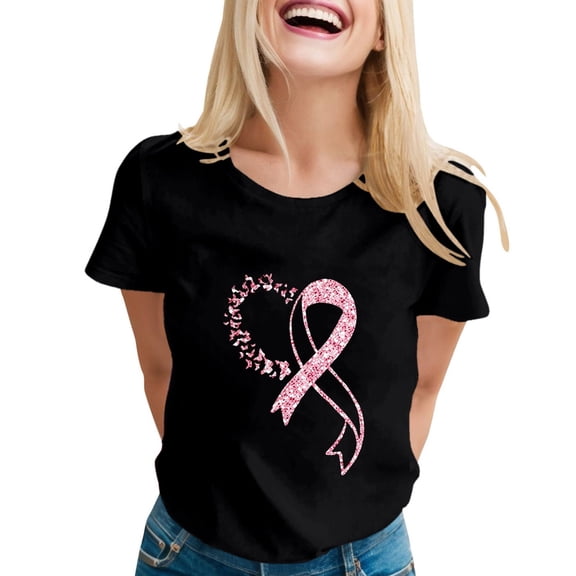 Bibifish Womens Tees Crew Neck Short Sleeve Glitter Heart Shape Pink Ribbon Tshirt Cancer Awareness Casual Holiday T-Shirts