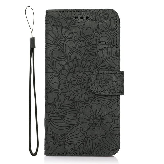 TOP SHE PU Leather Embossed Three Cards Folding Folio Case with Cards Holder Pocket Lanyard Anti-Scratch Shockproof Bumper Cover Case For Samsung Galaxy A10,Black