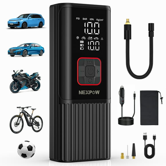 NEXPOW Gonfleur de Pneus Portable Compresseur d'Air, Pompe à Pneus de Voiture 150 PSI avec Manomètre Numérique, Gonfleur de Pneus Portable 5X Plus Rapide avec Double Alimentation pour Voitures, Vélo, Motocyclette, Balle