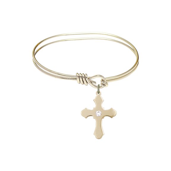 5 3/4 inch Oval Eye Hook Bangle Bracelet w/ Cross medal charm w/ April Crystal Swarovski Crystal