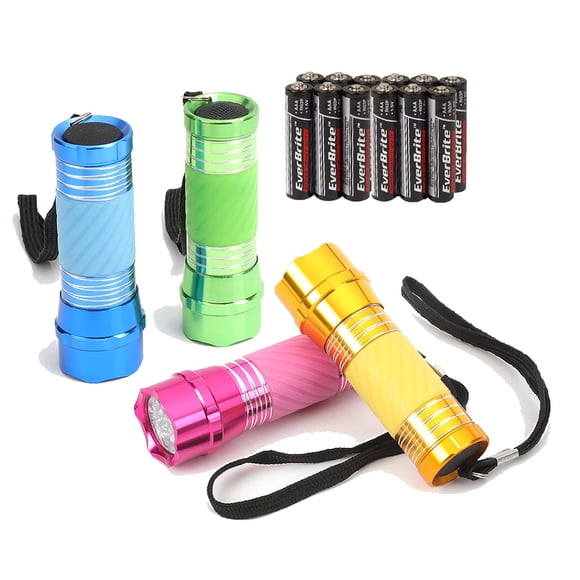 EverBrite 4-Pack Mini LED Aluminum Flashlight, Party Favors Colors Assorted for Hurricane Supplies with Handle, Glow in Dark