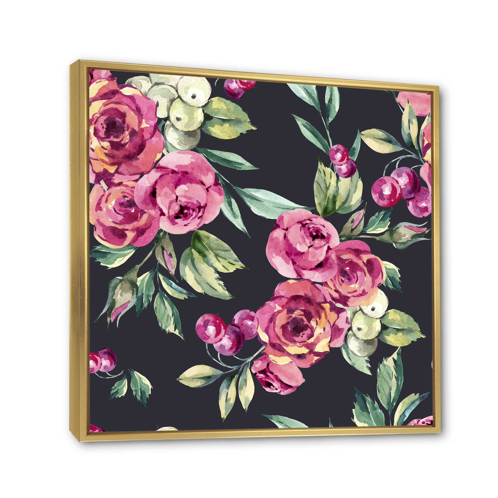 Designart 'Red VIntage Roses and Berries On Black Background' Farmhouse Framed Canvas Wall Art Print