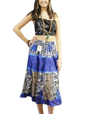 Mogul Women's Bohemian Midi Skirt Floral Print Blue Hippie Chic Flared Boho Style Skirts SML