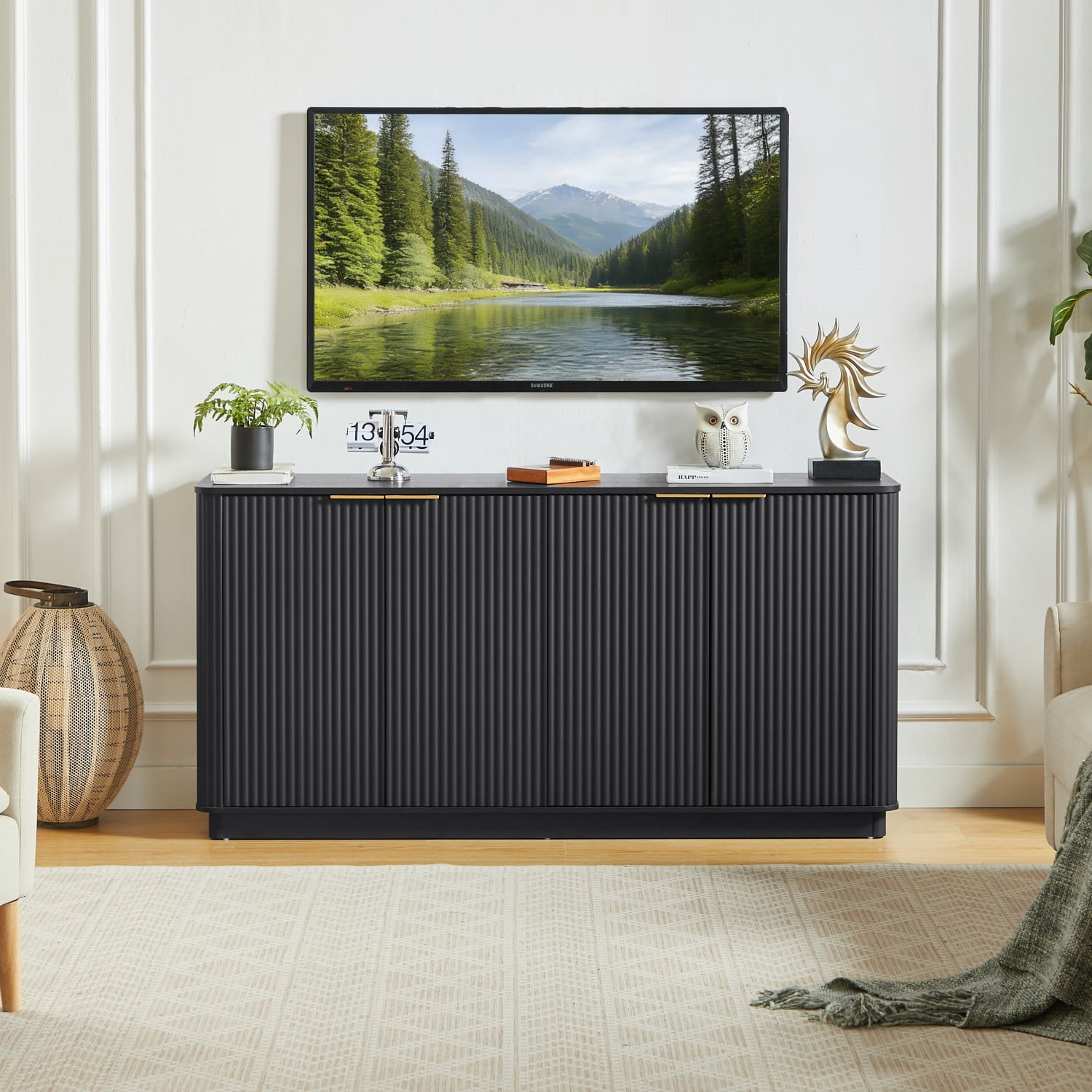 63" Buffet Cabinet with Storage, Black Sideboard Cabinet with 4 Doors, Curved Wave TV Stand Credenza Console Cabinet for Living Room, Dining Room, Bedroom, Hallway