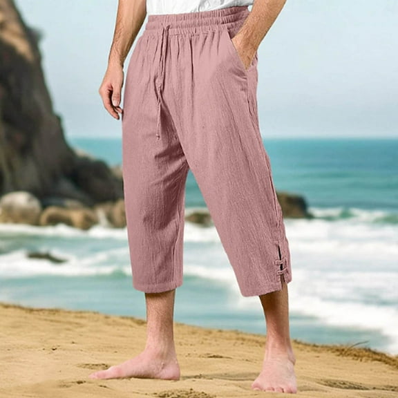 asjyhkr Men Beach Pants Cotton Linen Elastic Drawstring Lightweight Breathable Capri Pants with Pockets