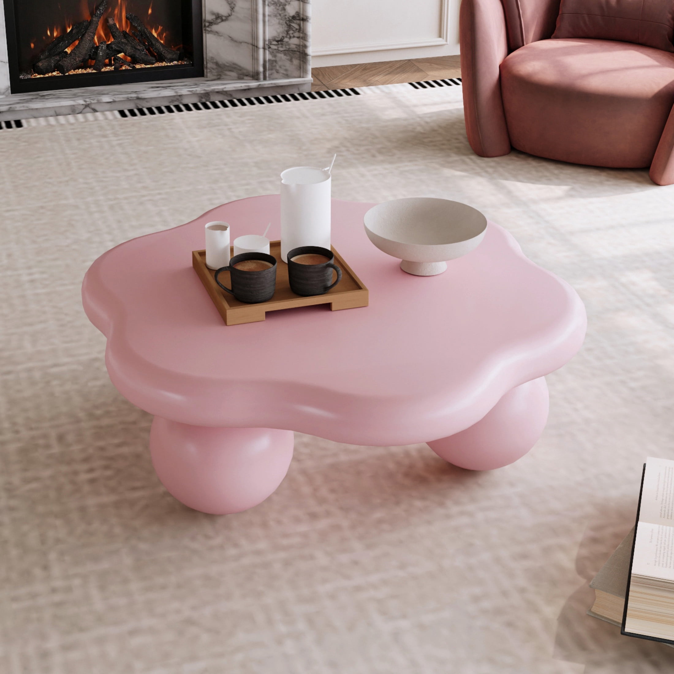 Noble House Kieran 35" Cloud Coffee Table, Modern Minimalist Living Room Table, Small Space Accent Table, Pink