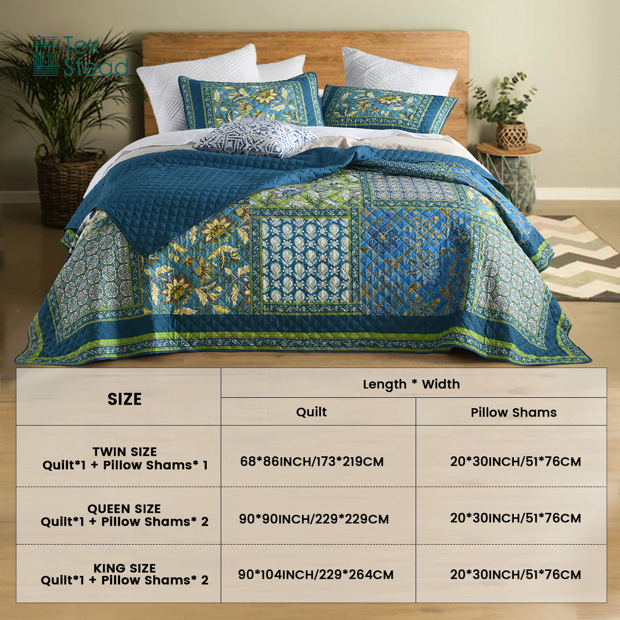 CHARRYARN King Comforter Set-Blue Lightweight Patchwork-Spring and Summer  Bedspread-Super Soft Quilt （1 Quilt, 2 Pillow Shams, Blue）