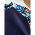 thumbnail image 4 of Tropical Plant Print Drawstring 2 Piece Set Rush Guard Tankini, Short Sleeve Crew Neck Stretchy Sun Protection Patchwork Top Shirt & Boxer Shorts Swimsuit For Surfing Water Sport, Women's Swimwear & C, 4 of 5