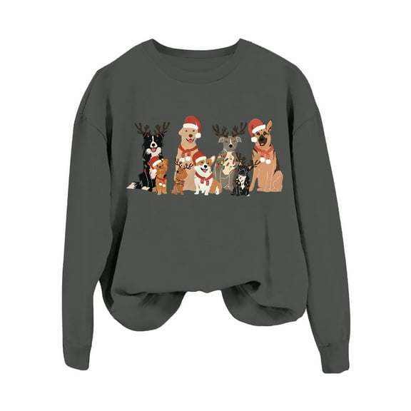 IWRICH Christmas Dogs Sweatshirt for Women Cute Dog Lover Christmas Long Sleeve Shirt Crewneck Xmas Pullover Tops Grey XL
