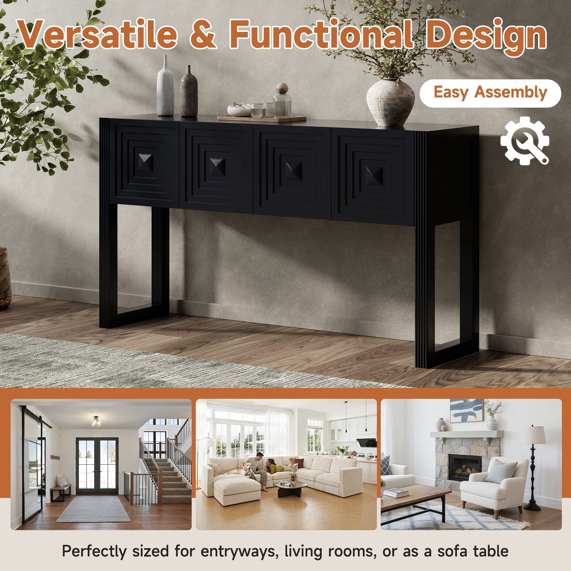 Mintazer Geometric Carved Console Table with 3 Soft-Close Drawers, Entryway Sofa Table for Living Room,Hallway, 54.9 x 14.7 x 31 inches, Black
