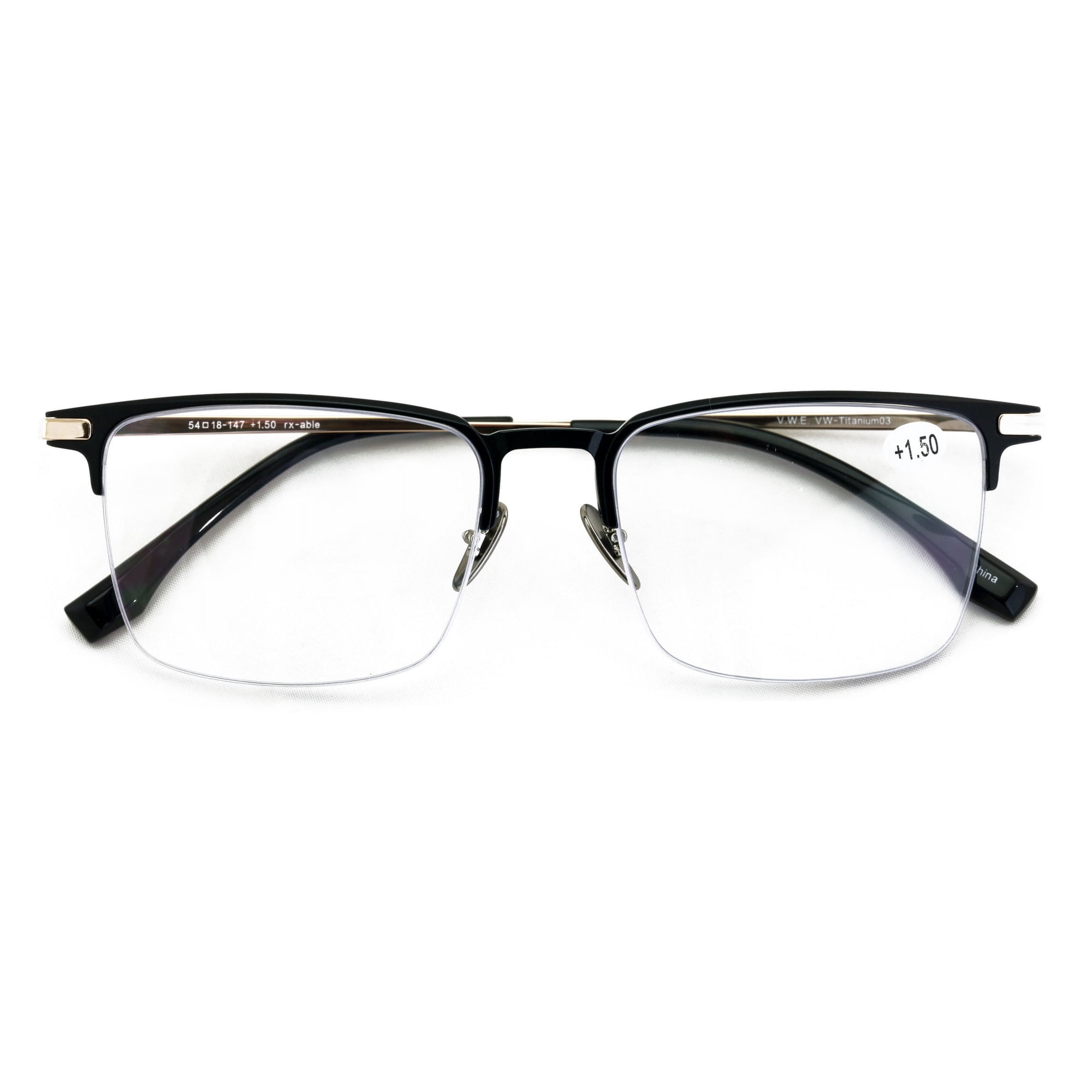 Men Aluminum Optical Frame Wide Fitment Rectangular Reading Glasses with Titanium Temple Half Rimless 145MM Ti03 +1.00