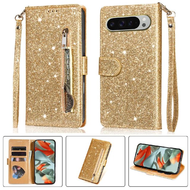 Case for FOXDOCK Google Pixel 9/9 Pro Glitter Zipper Wallet Case with Short Hand Strap