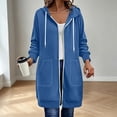 thumbnail image 5 of Xaqiouau Womens Solid Color Athleisure Coat Polyester Blend Relaxed Full Zip Drawstring Hooded Longline Sweatshirt Stitched Exterior Pocket Fall Winter Outerwear Blue L, 5 of 7