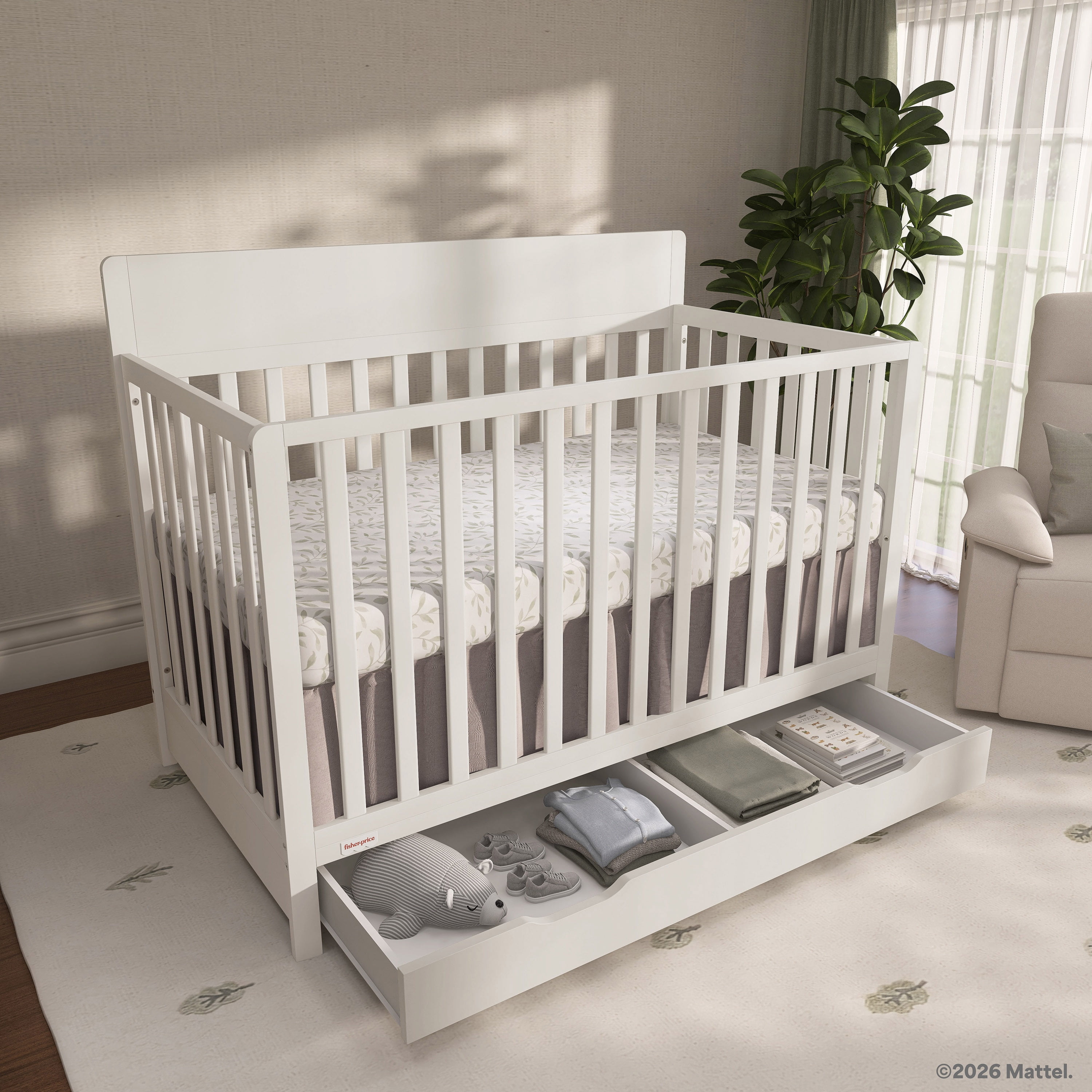 Fisher-Price Meadowbrook 4-in-1 Convertible Baby Crib with Drawer by Dream On Me, Cannoli Cream