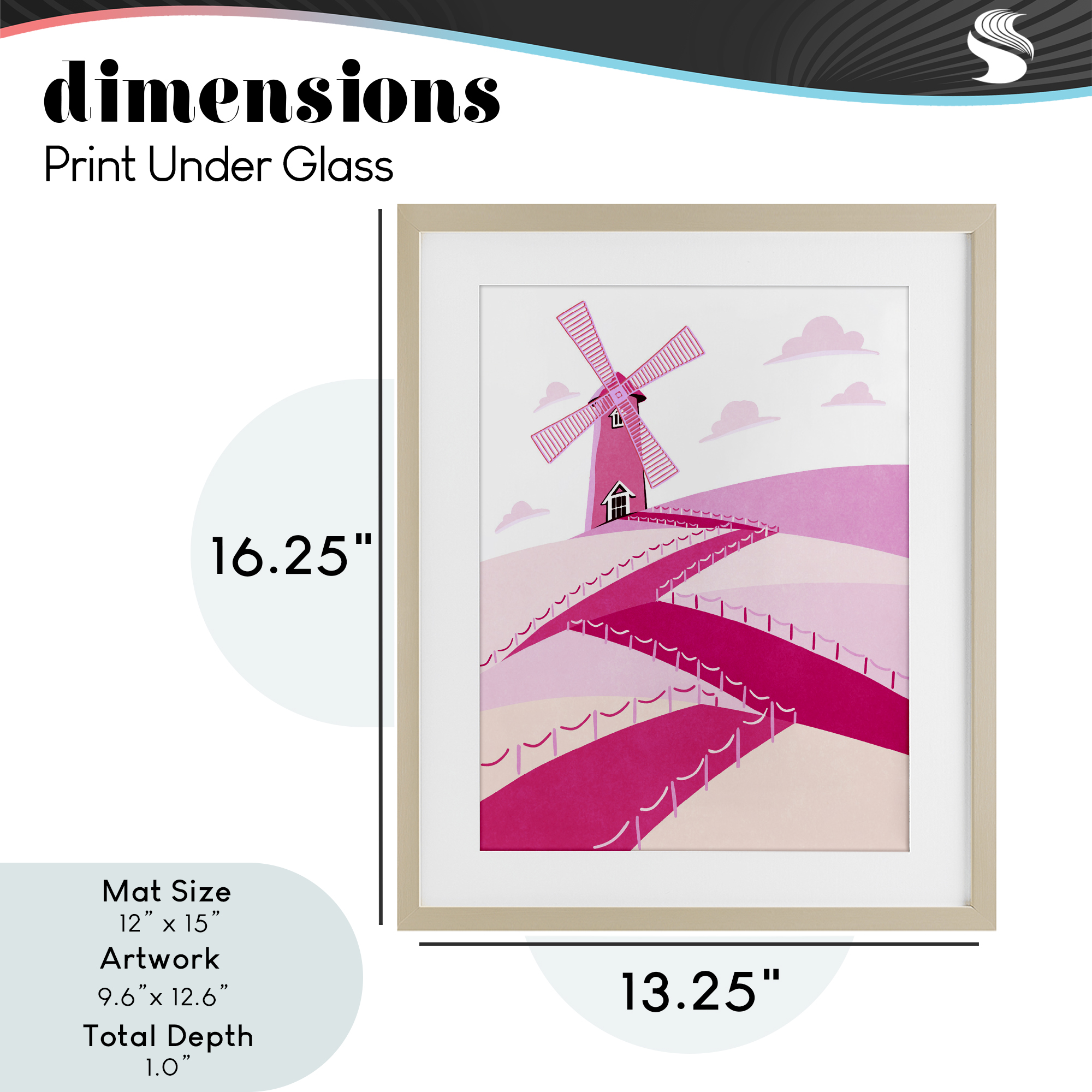 Pink Hills and Windmill Birch Framed Print Under Glass, design by Ziwei Li