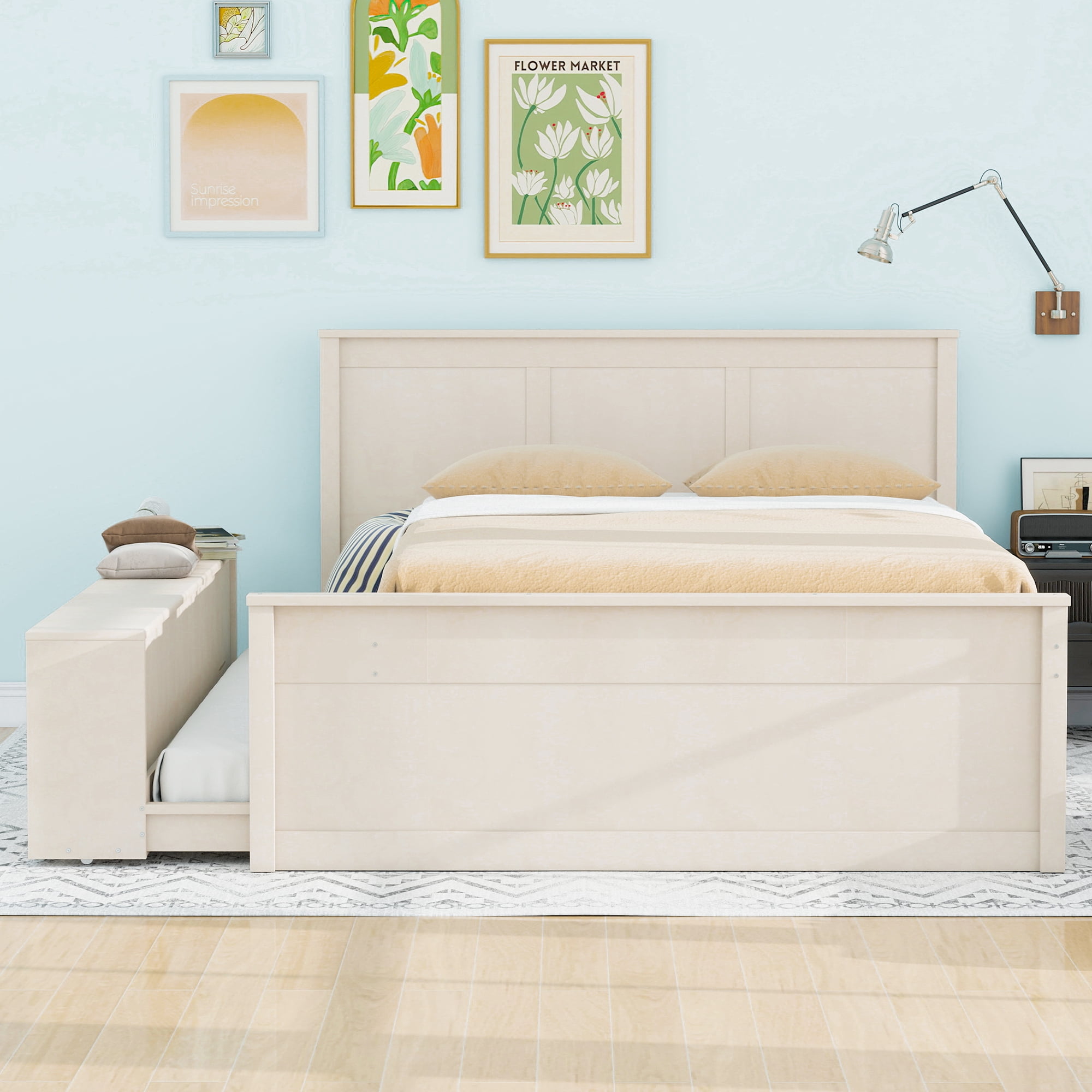 Euroco Wood Full Size Platform Bed with Trundle and Storage Cabinets, Cream White