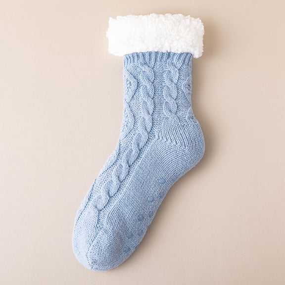 Women Cable Knit Sherpa Cuff Mid Calf Floor Socks Thick Thermal Non Slip Warm Cozy Sleeping House Socks Blue One Size