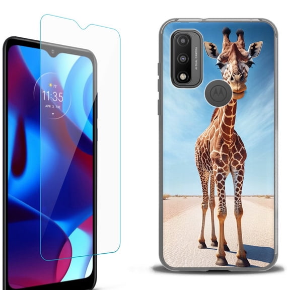 Slim-Fit Fashion Phone Case for Motorola Moto G Pure, with Tempered Glass Screen Protector, by OneToughShield ® - Giraffe