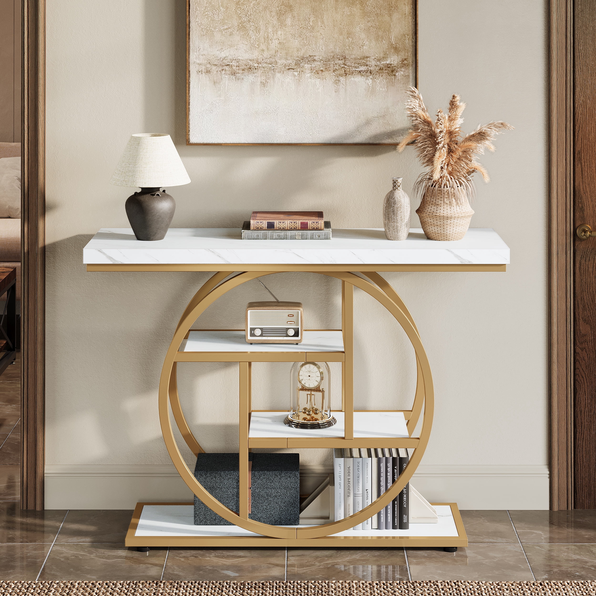 Fnova Console Table, Entryway Table with 4-Tier Storage Shelves, 42" Wood Modern Narrow Long Side Table, , Sofa Table, Accent Table for Living Room, Entryway, Hallway, White and Gold