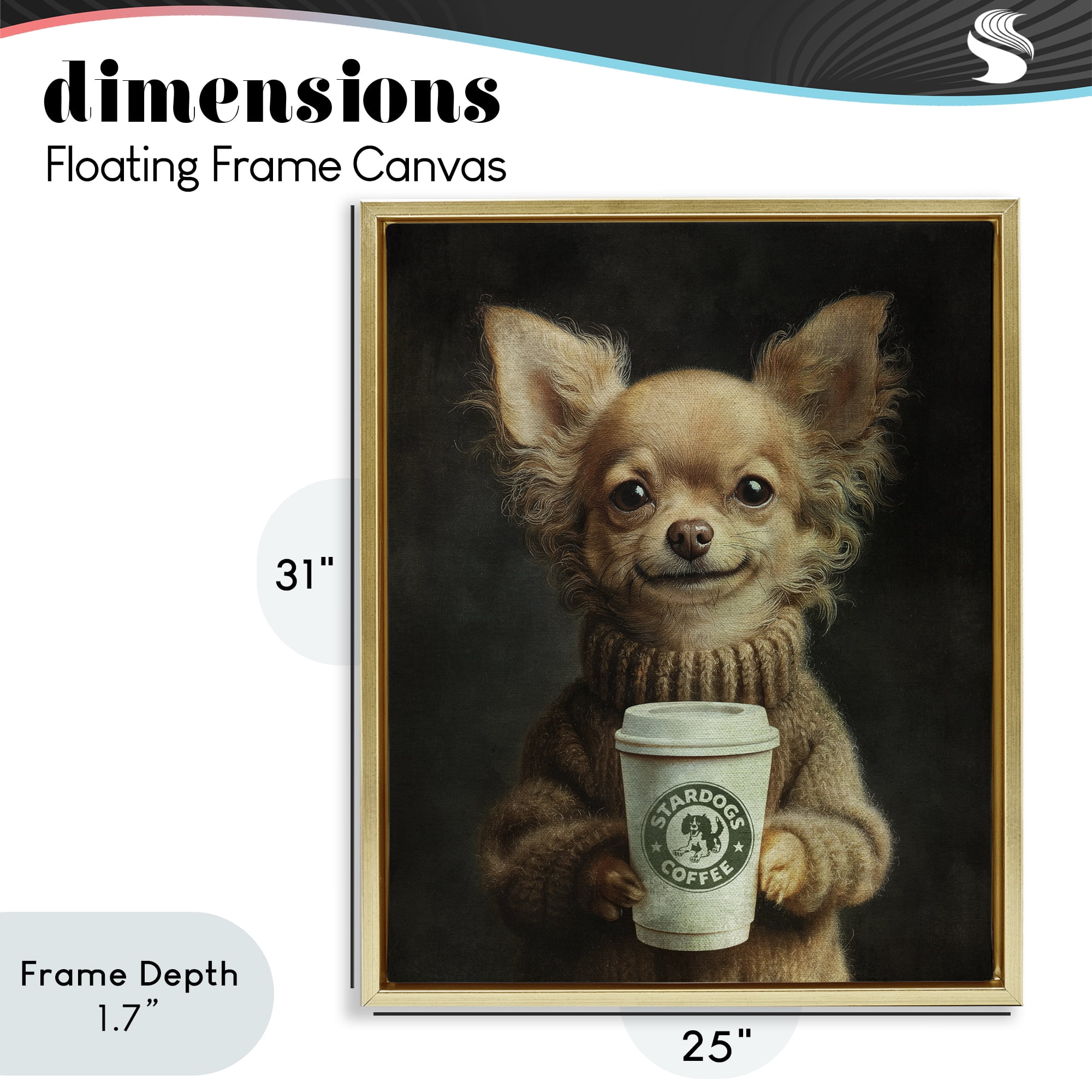 Stupell Industries Espresso Pup in Cozy Sweater Gold Framed Floater Canvas Wall Art, design by Svetlana Aleynikova