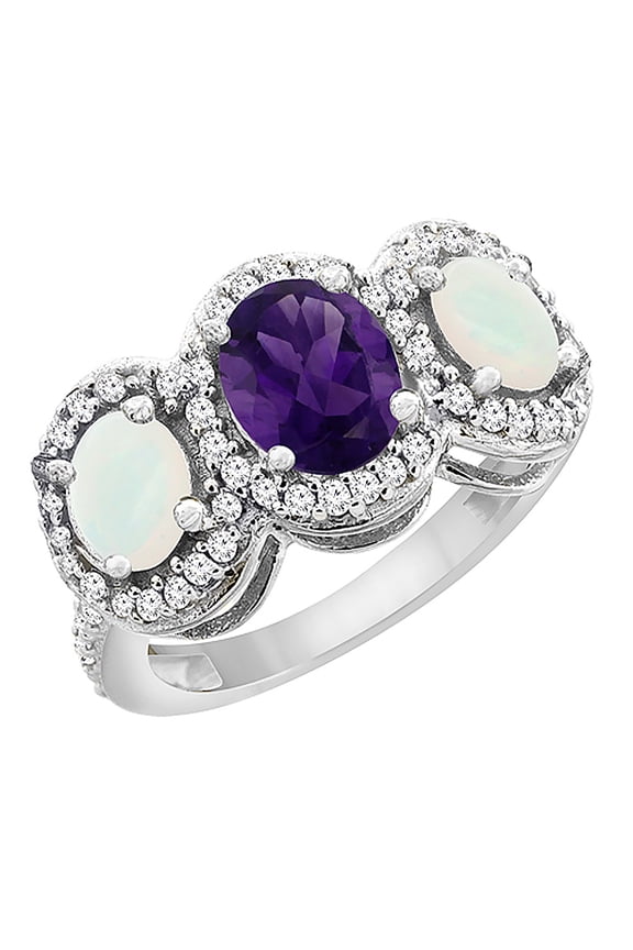 10K White Gold Natural Amethyst & Opal 3-Stone Ring Oval Diamond Accent, size 6